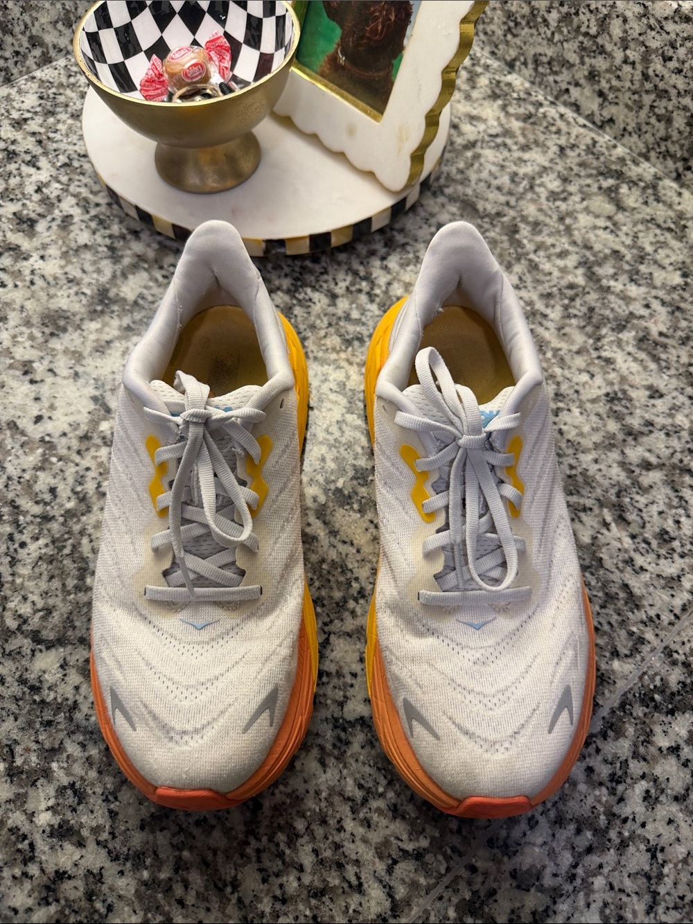 Hoka White Gray Yellow Orange Athletic Running Shoes